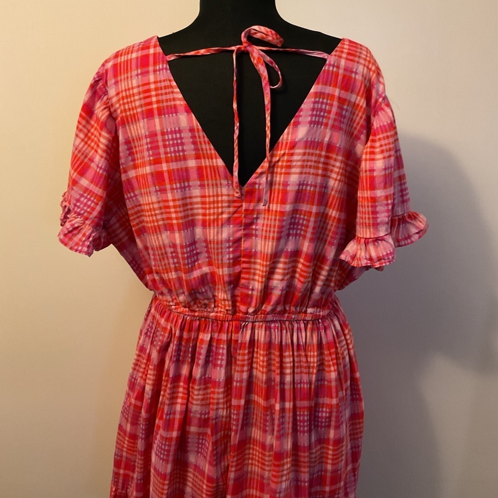 Terra & Sky Pink Plaid Ruffle Dress V-Neck Short Sleeve Plus Size 1X - Picture 10 of 11